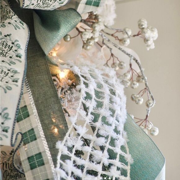 Christmas Tree Topper Bow Star Holiday Decor Mod Farmhouse White, Green & Silver - Picture 3 of 12